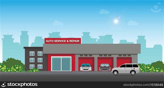Auto car service and repair center or garage with cars, landscape exterior building car service station vector illustration.