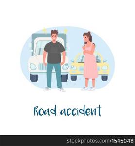Auto collision 2D vector web banner, poster. Road accident phrase. Problem with transport. Conflicted flat characters on cartoon background. Vehicle damage printable patch, colorful web element. Problem at work 2D vector web banner, poster
