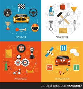 Auto Concept 4 Flat Icons. Racing car auto service maintenance and navigation 4 flat icons set square background concept isolated vector illustration