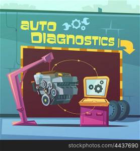 Auto Diagnostics Illustration . Auto diagnostics cartoon background with equipment and spare parts vector illustration