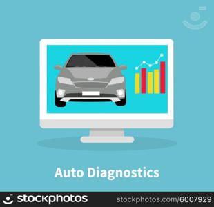 Auto diagnostics monitor flat concept. Car or automobile, automotive and repair logo, driving icon, service mechanic, technology engine, maintenance station illustration