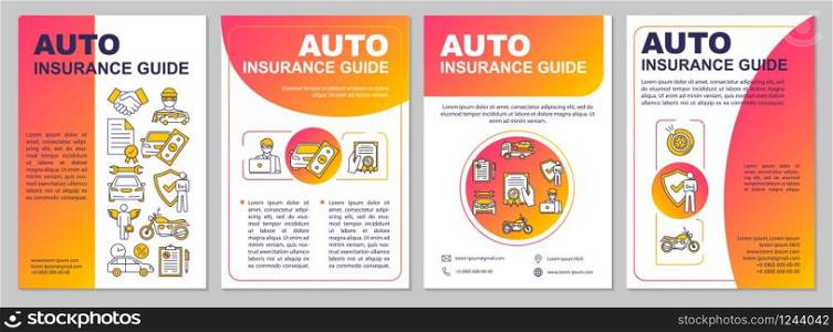 Auto insurance guide brochure template. Expense from collision. Flyer, booklet, leaflet print, cover design with linear icons. Vector layouts for magazines, annual reports, advertising posters