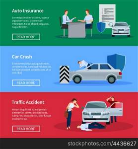 Auto Insurance Horizontal Banner Set . Auto insurance horizontal banner set with negotiations damage from car crashes and traffic accidents isolated vector illustration