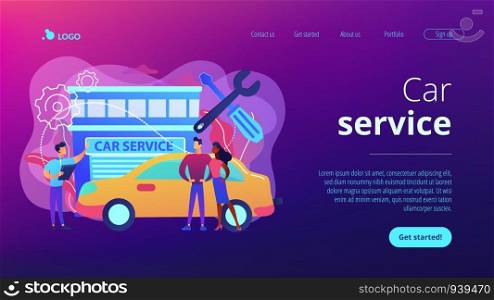 Auto mechanic and business people at car service having their car repaired. Car service, automobile repair shop, vehicle repair service concept. Website vibrant violet landing web page template.. Car service concept landing page.