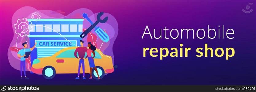 Auto mechanic and business people at car service having their car repaired. Car service, automobile repair shop, vehicle repair service concept. Header or footer banner template with copy space.. Car service concept banner header.