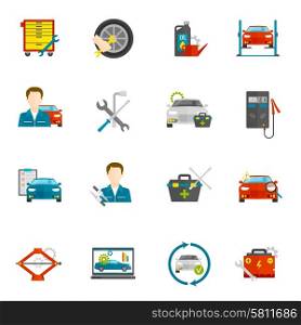 Auto mechanic and car repair flat icons set isolated vector illustration. Auto Mechanic Flat Icons Set