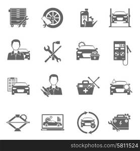 Auto mechanic and car technician work black icons set isolated vector illustration. Auto Mechanic Icons Set