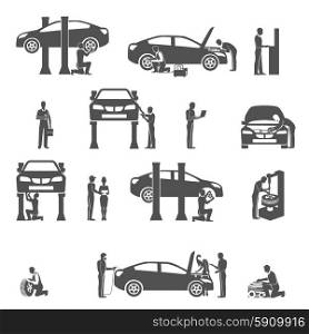 Auto mechanic black icons set. Auto mechanic technician performing diagnostic test and full car service black icons set abstract vector isolated illustration