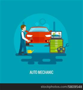 Auto mechanic in repair service center with car and working tools flat vector illustration. Auto Mechanic Flat