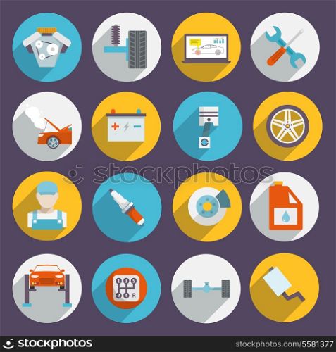 Auto mechanic service and maintenance icons of car elements tools and vehicle parts isolated vector illustration