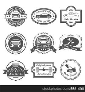 Auto mechanic service black labels best choice quality goods set isolated vector illustration
