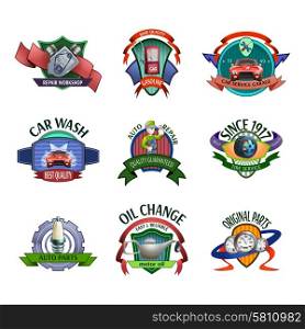 Auto mechanic service emblems set. Auto mechanic diagnostics and car maintaining service center emblems and labels icons set abstract vector isolated illustration