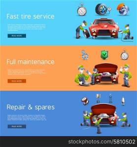 Auto mechanic service flat banners set. Auto mechanic full service interactive internet homepage with 3 horizontal flat banners set abstract vector isolated illustration