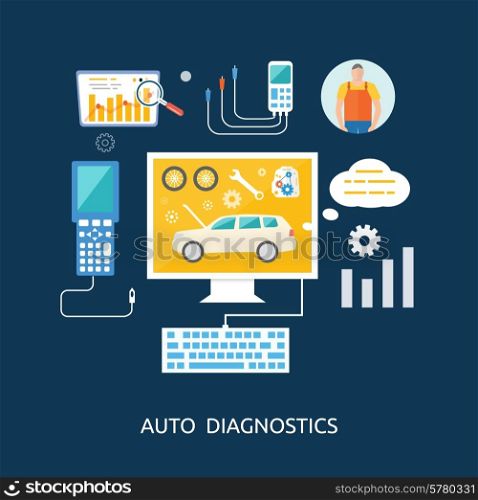 Auto mechanic service flat icons of maintenance car repair. Auto service concept. Car service diagnostics. Computers are used to communicate with auto electronics