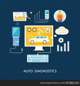 Auto mechanic service flat icons of maintenance car repair. Auto service concept. Car service diagnostics. Computers are used to communicate with auto electronics
