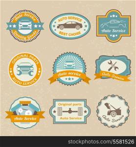Auto mechanic service labels set of maintenance car repair and working isolated vector illustration