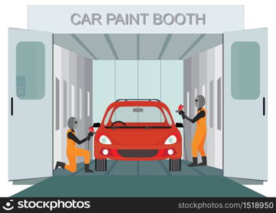 Auto mechanic worker painting new car at car paint booth by spraying red color paint,auto garage vector illustration.