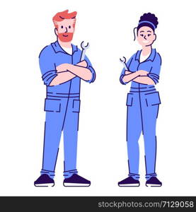 Auto mechanics flat vector character. Automobile repairman, female technician colleagues cartoon illustration with outline. Auto workshop, car maintenance service workers, handyman isolated on white