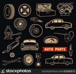 Auto parts and spare detail retro icons of car service. Vehicle engine, motor oil and wheel, automobile brake, battery and piston, tire, spark plug and steering wheel, speedometer, wrench and key. Auto parts retro symbols with vintage car details