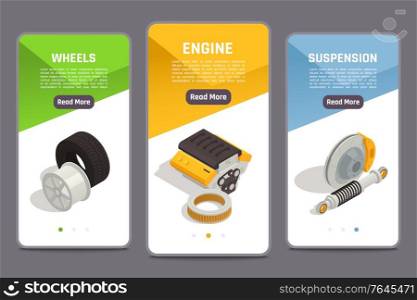 Auto parts car spares online store 3 isometric smartphone screens with wheels engine suspension offer vector illustration. Car Parts Isometric Design