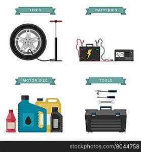 Auto parts flat icons. Vector simple illustration of tire service, battery, auto oils, tools.