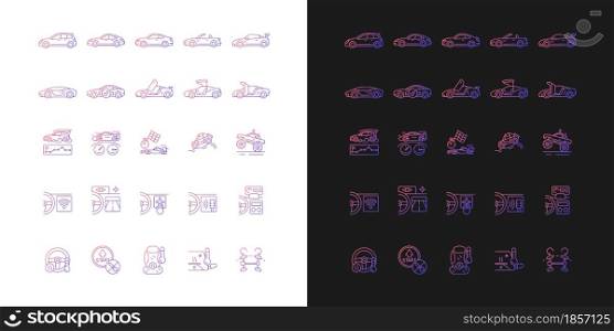 Auto racing gradient icons set for dark and light mode. Advanced automotive technology. Thin line contour symbols bundle. Isolated vector outline illustrations collection on black and white. Auto racing gradient icons set for dark and light mode