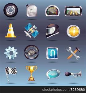 Auto Racing Icons Set. Auto racing icons set with car parts, service tools, flag, trophy on grey background isolated vector illustration