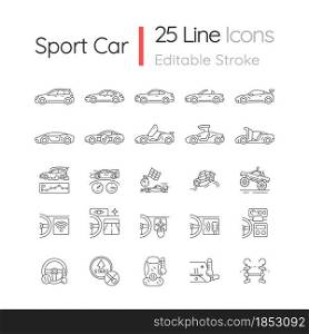 Auto racing linear icons set. Driving sports cars. Innovative tech features. Exterior design. Customizable thin line contour symbols. Isolated vector outline illustrations. Editable stroke. Auto racing linear icons set