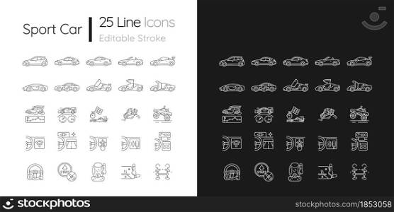 Auto racing linear icons set for dark and light mode. Driving sports cars. Advanced automotive technology. Customizable thin line symbols. Isolated vector outline illustrations. Editable stroke. Auto racing linear icons set for dark and light mode
