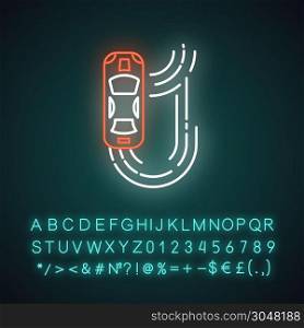Auto racing neon light icon. Two-seater vehicle on circuit track. Automobile drift. Sliding motorcar. Production car race. Glowing sign with alphabet, numbers and symbols. Vector isolated illustration