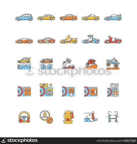 Auto racing RGB color icons set. Driving sports cars. Innovative tech features. Advanced automotive technology. Exterior design. Isolated vector illustrations. Simple filled line drawings collection. Auto racing RGB color icons set