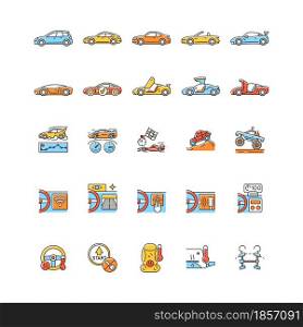 Auto racing RGB color icons set. Driving sports cars. Innovative tech features. Advanced automotive technology. Exterior design. Isolated vector illustrations. Simple filled line drawings collection. Auto racing RGB color icons set
