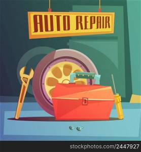 Auto repair cartoon background with spare parts and tools vector illustration . Auto Repair Illustration
