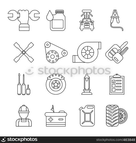 Auto repair icons set. Outline illustration of 16 auto repair vector icons for web. Auto repair icons set, outline style