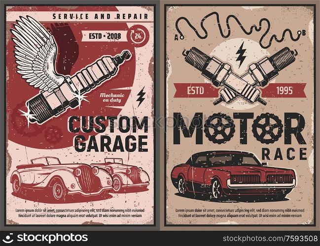 Auto repair service, car motor race vintage vector posters. Old vehicles with winged spark plug, retro car racing, diagnostics and maintenance, mechanic garage station and restoration work. Auto repair service, car motor race posters