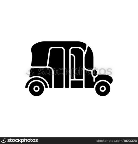 Auto rickshaw black glyph icon. Three-wheeler taxi. Passenger car equivalent. Urban transport. Thailand tuk-tuk. Motorized vehicle. Silhouette symbol on white space. Vector isolated illustration. Auto rickshaw black glyph icon