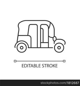 Auto rickshaw linear icon. Three-wheeler taxi. Passenger car equivalent. Urban transport. Thin line customizable illustration. Contour symbol. Vector isolated outline drawing. Editable stroke. Auto rickshaw linear icon