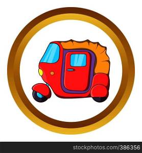 Auto rickshaw vector icon in golden circle, cartoon style isolated on white background. Auto rickshaw vector icon