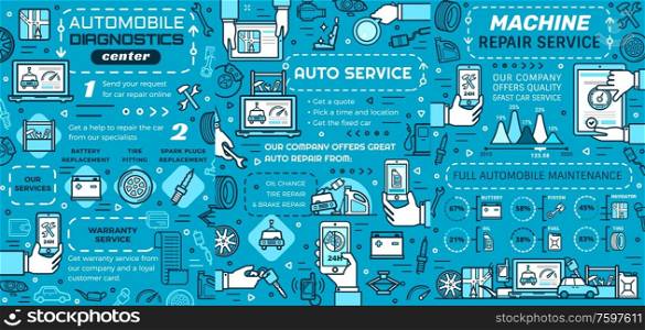 Auto service and car repair shop vector infographics. Charts and graphs of automobile diagnostics and maintenance with icons of vehicle spare parts, engine and wheel tire, motor oil, battery, wrench. Auto service infographics with car spare parts