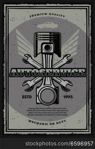 Auto service and car repair vintage banner for transportation template. Motor vehicle piston with crossed wrenches and wings retro poster for garage and mechanic workshop promotion design. Car service and auto repair garage retro poster