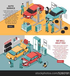 Auto Service Banners. Colorful isometric auto service center horizontal banners set 3d isolated vector illustration