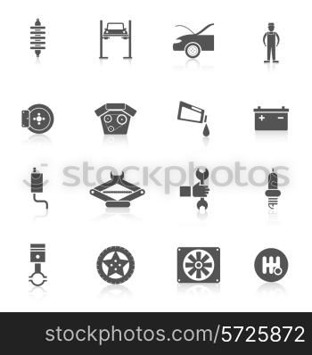 Auto service black icon set with automobile battery car parts transport service symbols isolated vector illustration