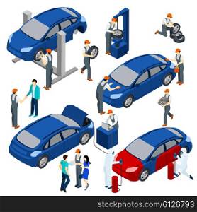 Auto Service Concept Set. Auto service concept isometric set with spare parts and maintenance symbols isolated vector illustration