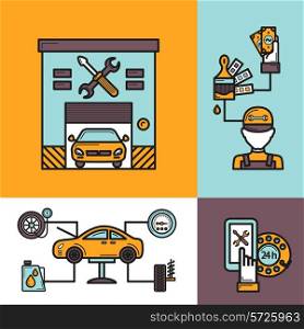Auto service design concept set with tire engine repair work icons isolated vector illustration