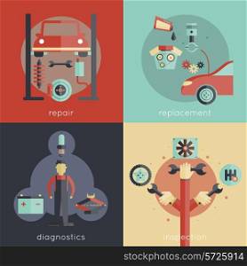 Auto service design concepts set with repair replacement diagnostics inspection isolated vector illustration