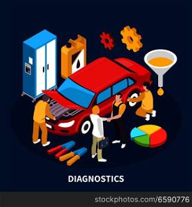 Auto service equipment isometric concept with diagnostocs symbols vector illustration .  Auto Service Illustration 