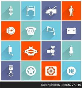 Auto service flat icon set with car battery oil filter mechanic tools isolated vector illustration