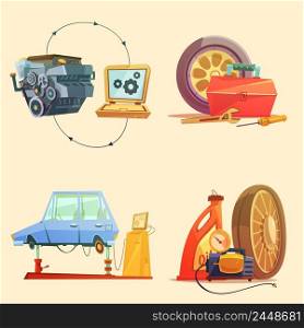 Auto service garage center for fixing cars and trucks 4 cartoon retro icons set abstract vector illustration . Auto Service Retro Cartoon Icon Set