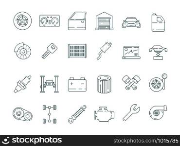 Auto service icon. Automotive mechanic car parts engine gearbox engine oil filter vector thin line pictures. Illustration of auto repair, automobile engine service icons. Auto service icon. Automotive mechanic car parts engine gearbox engine oil filter vector thin line pictures
