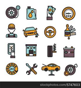 Auto service icon set with tire engine battery repair isolated vector illustration
